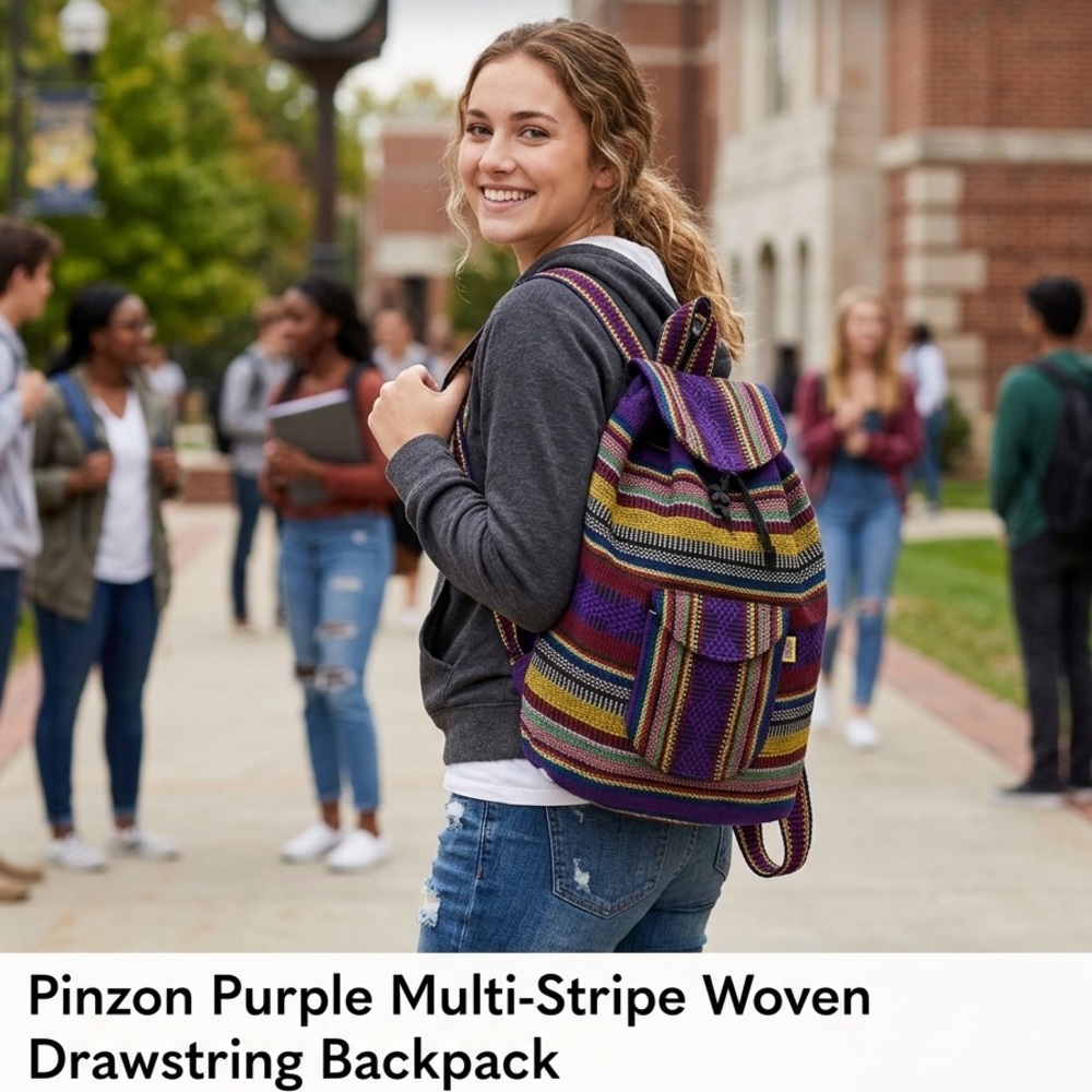 Pinzon Purple Multi-Stripe Woven Drawstring Backpack